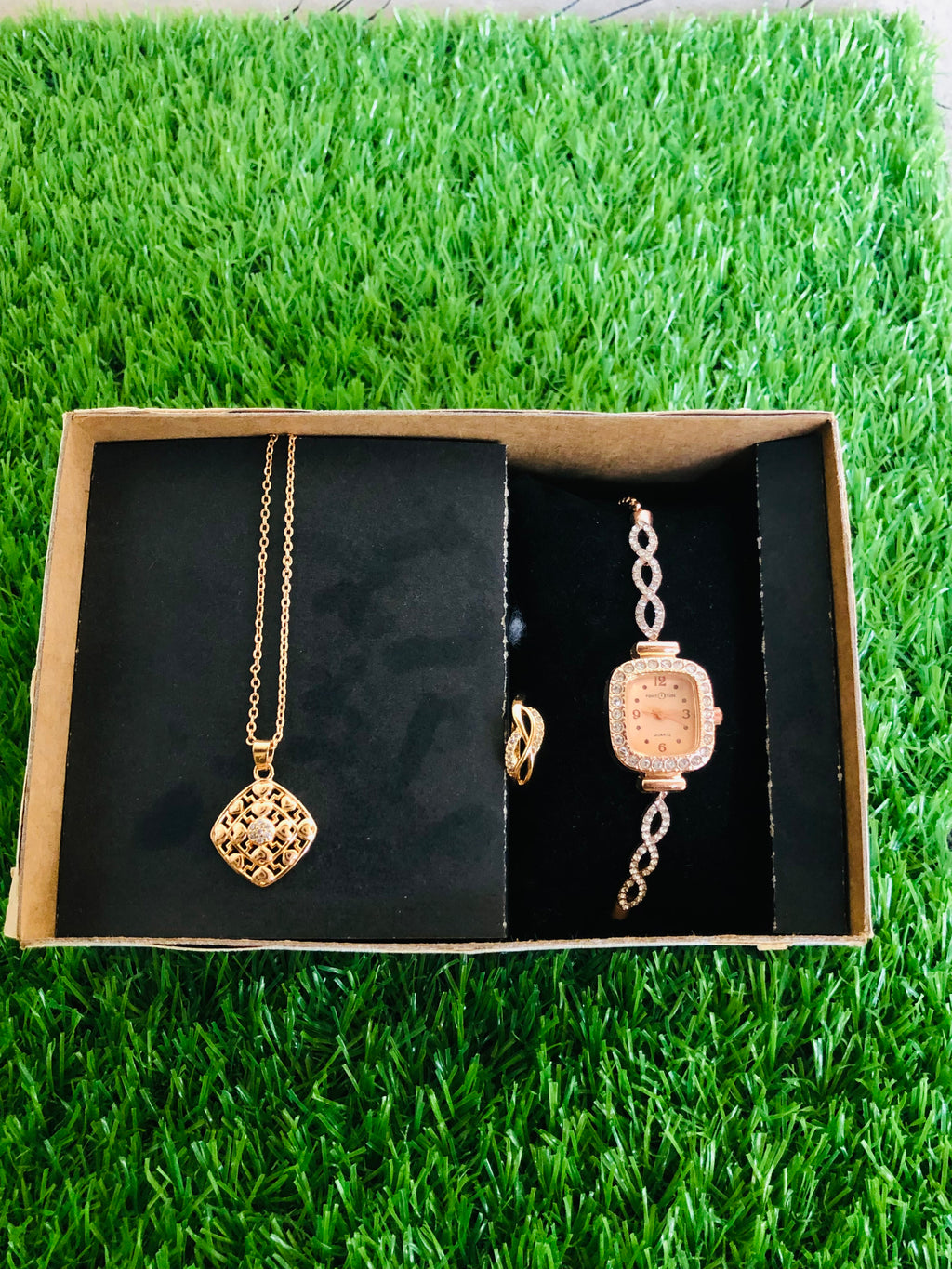 Pack of 3 Golden Watch,, Ring, Bar Locket Set for Girl