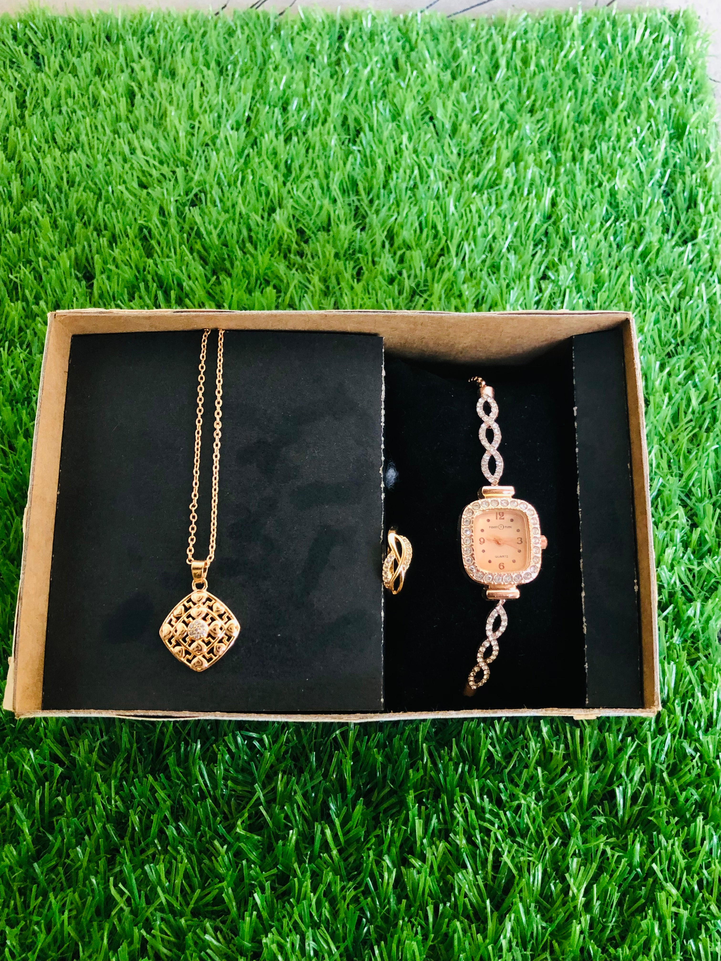 Pack of 3 Golden Watch,, Ring, Bar Locket Set for Girl