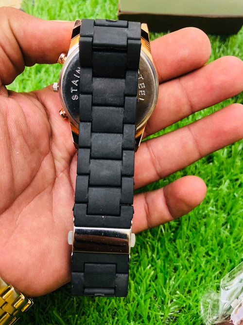 AW Collections Men's Black Tone Analog Quartz Watch with Patterned Dial