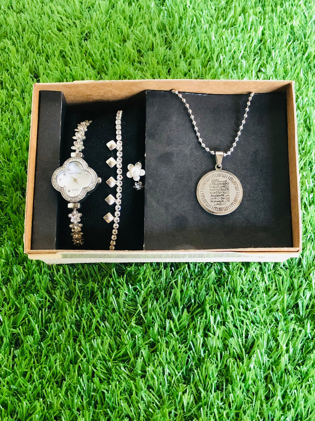 Pack of 4 Silver Watch, Chain Bracelet, Ring, Bar Locket Set for Girl