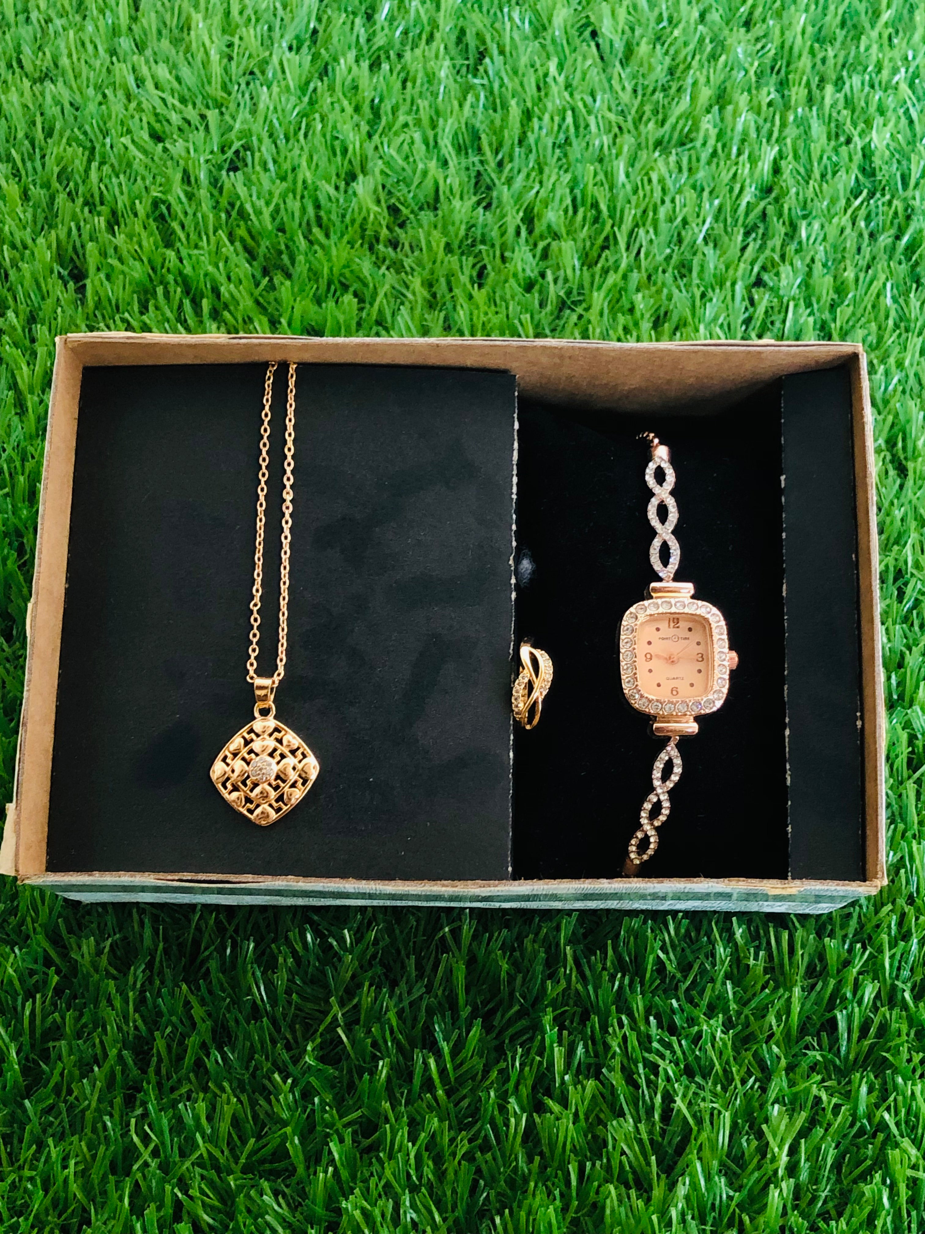 Pack of 3 Golden Watch,, Ring, Bar Locket Set for Girl