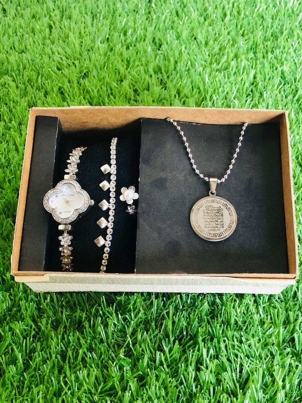 Pack of 4 Silver Watch, Chain Bracelet, Ring, Bar Locket Set for Girl