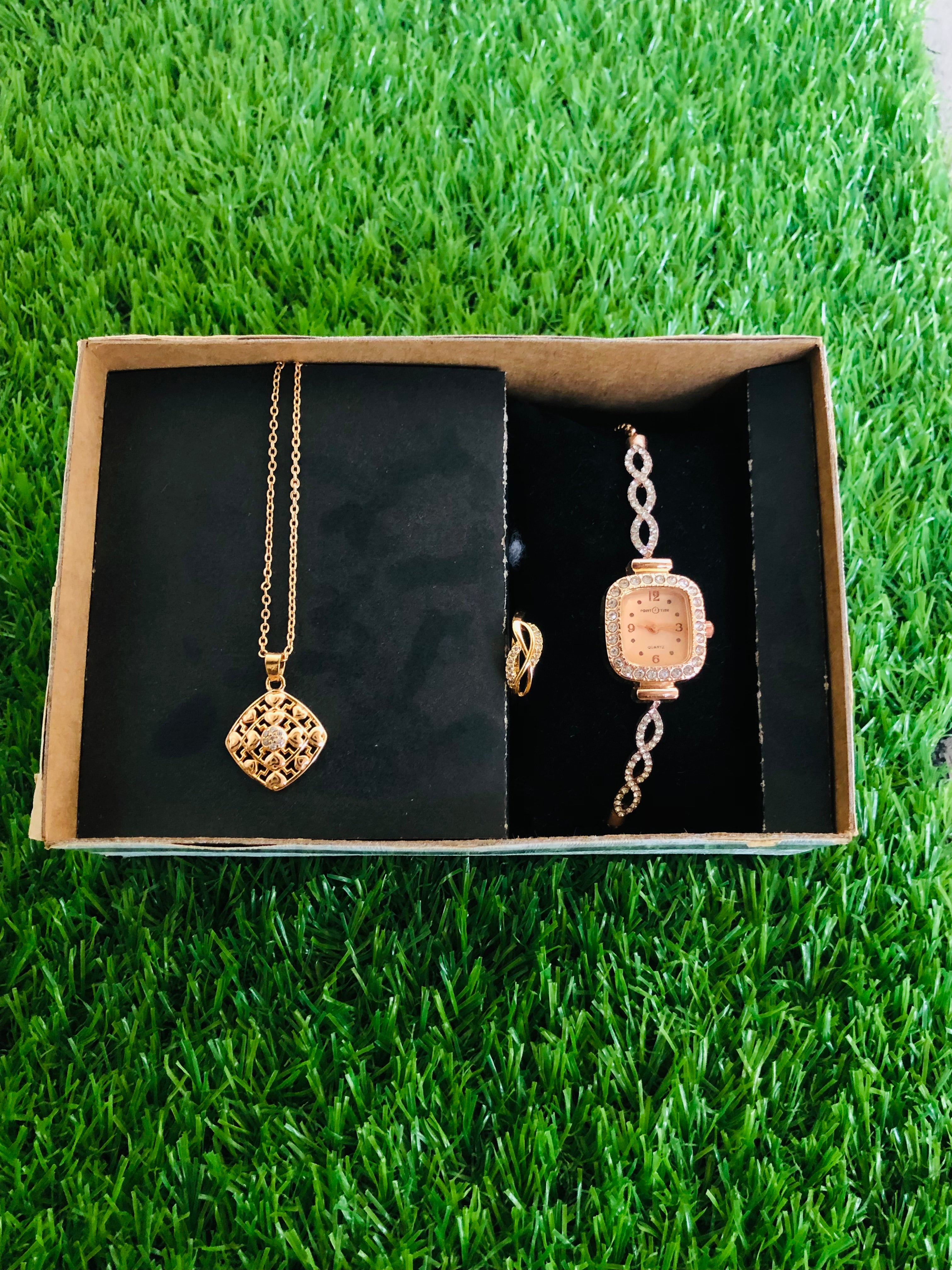 Pack of 3 Golden Watch,, Ring, Bar Locket Set for Girl