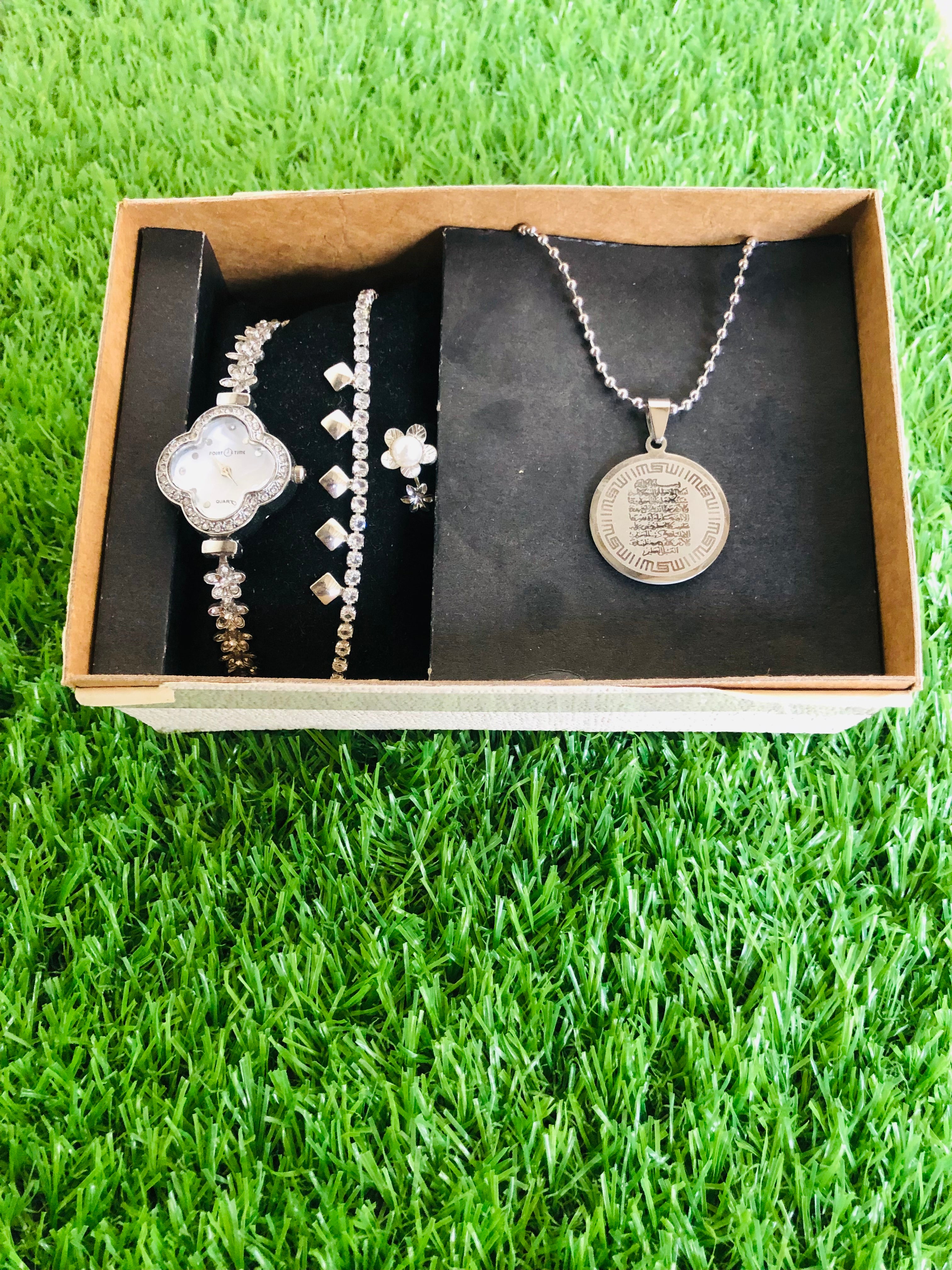 Pack of 4 Silver Watch, Chain Bracelet, Ring, Bar Locket Set for Girl