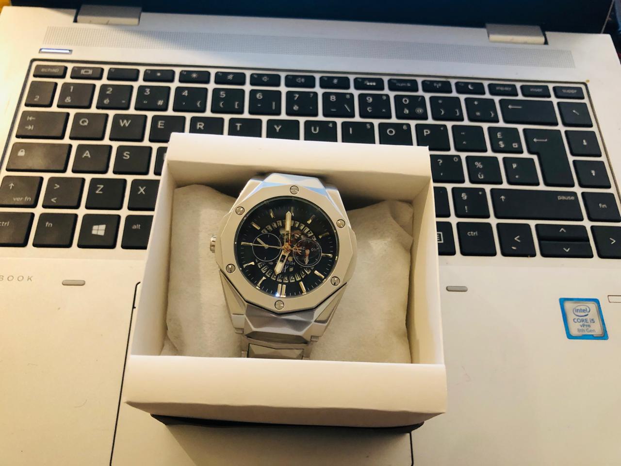 Hublot Style Men Watch Stainless Steel Chronograph Watch Luxury Men’s Watch with Butterfly Lock Business & Casual Wrist Watch for Men Silver Bracelet Watch for Men Premium Men Chronograph Watch Stylish Men Watch for Gift Fashion Men’s Analog Watch